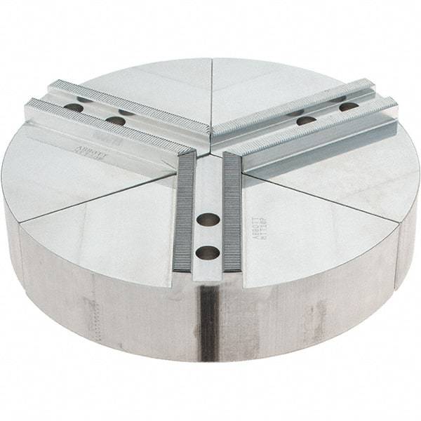 Abbott Workholding Products - 10" Max Chuck Capacity, 1.5mm x 60° Serrated Interface, Round Soft Lathe Chuck Jaw - 3 Jaw, Aluminum, 1.2598" Btw Mount Hole Ctrs, 10" Wide, 2" High, 12mm Fastener - Benchmark Tooling