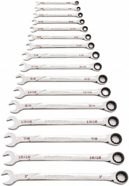 GearWrench - 16 Piece, 7/32" to 1", Ratcheting Combination Wrench Set - Inch Measurement Standard, Chrome Finish - Benchmark Tooling