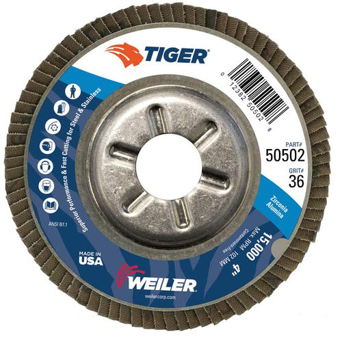 4″ Tiger Disc Abrasive Flap Disc, Angled, Alum. Backing, 36Z, 5/8″ Arbor Hole - Benchmark Tooling