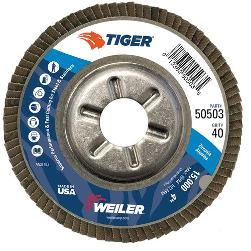 4″ Tiger Disc Abrasive Flap Disc, Angled, Alum. Backing, 40Z, 5/8″ Arbor Hole - Benchmark Tooling