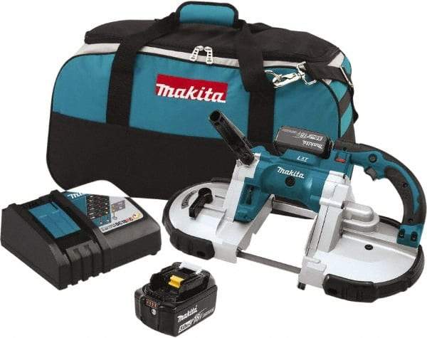 Makita - 18 Volt, 44-7/8" Blade, 530 SFPM Cordless Portable Bandsaw - 4-3/4" (Round) & 4-3/4 x 4-3/4" (Rectangle) Cutting Capacity, Lithium-Ion Battery Included - Benchmark Tooling