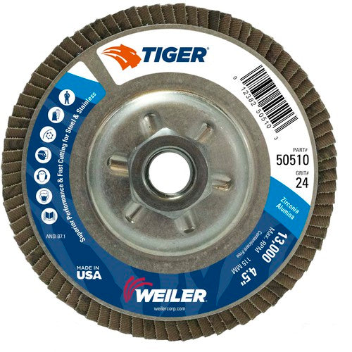 4-1/2″ Tiger Disc Abrasive Flap Disc, Angled, Alum. Backing, 24Z, 5/8″-11 UNC Nut - Benchmark Tooling