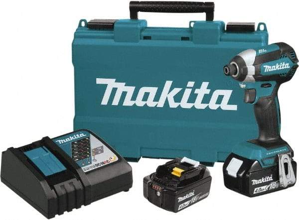 Makita - 18 Volt, 1/2" Drive, 20 Ft/Lb Torque, Cordless Impact Driver - Pistol Grip Handle, 3600 RPM, 2 Lithium-Ion Batteries Included - Benchmark Tooling