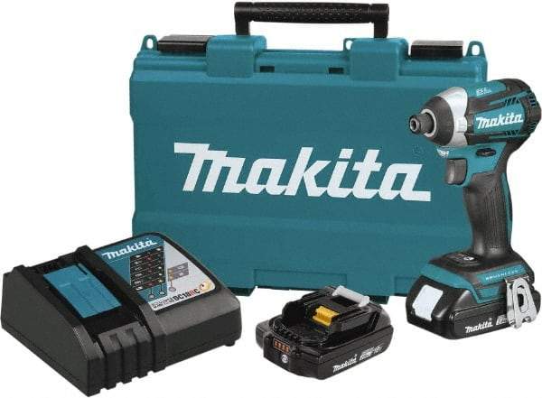 Makita - 18 Volt, 1/4" Drive, 20 Ft/Lb Torque, Cordless Impact Driver - Pistol Grip Handle, 3600 RPM, 2 Lithium-Ion Batteries Included - Benchmark Tooling