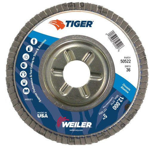 5″ Tiger Disc Abrasive Flap Disc, Angled, Alum. Backing, 36Z, 7/8″ Arbor Hole - Benchmark Tooling