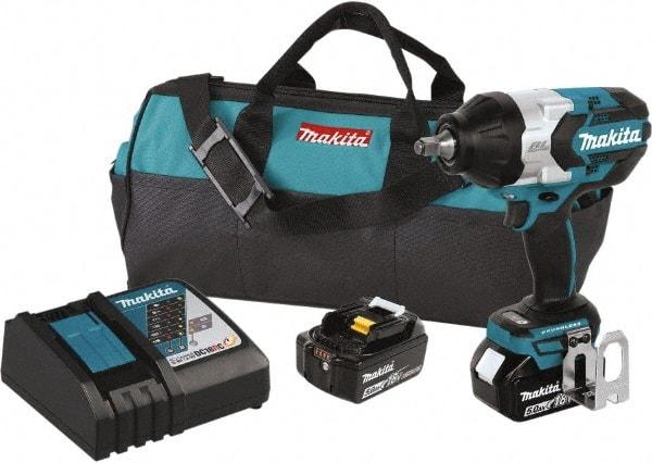 Makita - 1/2" Drive 18 Volt Pistol Grip Cordless Impact Wrench & Ratchet - 1,850 RPM, 750 Ft/Lb Torque, 2 Lithium-Ion Batteries Included - Benchmark Tooling