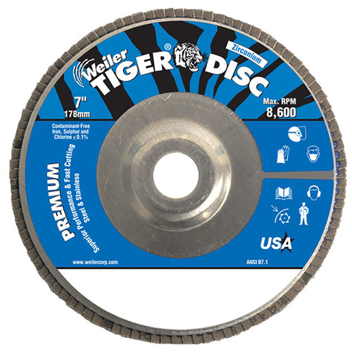 7″ Tiger Disc Abrasive Flap Disc, Angled, Alum. Backing, 80Z, 7/8″ Arbor Hole - Benchmark Tooling