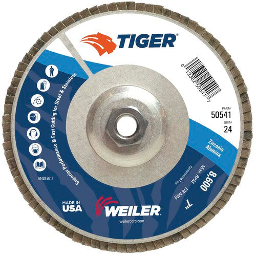 7″ Tiger Disc Abrasive Flap Disc, Angled, Alum. Backing, 24Z, 5/8″-11 UNC Nut - Benchmark Tooling