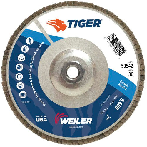 7″ Tiger Disc Abrasive Flap Disc, Angled, Alum. Backing, 36Z, 5/8″-11 UNC Nut - Benchmark Tooling