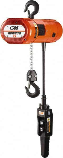 CM - 550 Lb Capacity, 0 to 26 FPM Lift Speed, Electric Chain Hoist - 10' Max Lift, 11.06" Min Headroom, 1 Chain - Benchmark Tooling