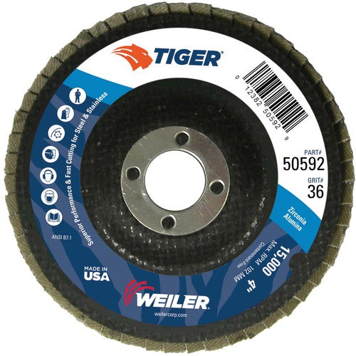 4″ Tiger Disc Abrasive Flap Disc, Angled, Phenolic Backing, 36Z, 5/8″ Arbor Hole - Benchmark Tooling