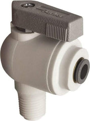 Parker - 3/8" Pipe, Full Port, Polypropylene Valve Male Elbow Ball Valve - Bi-Directional, MNPT x Push-to-Connect Ends, Wedge Handle, 150 WOG - Benchmark Tooling