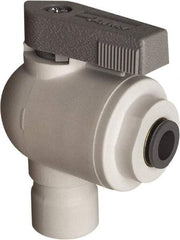 Parker - 3/8" Pipe, Full Port, Polypropylene Valve Elbow Union Ball Valve - Bi-Directional, Push-to-Connect x Push-to-Connect Ends, Wedge Handle, 150 WOG - Benchmark Tooling