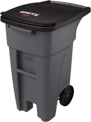 Rubbermaid - 32 Gal Gray Rectangle Trash Can - Plastic, None Graphic, 37.16" High x 20.62" Wide, Lid Included - Benchmark Tooling