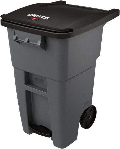 Rubbermaid - 50 Gal Gray Rectangle Trash Can - Plastic, None Graphic, 39.58" High x 24" Wide, Lid Included - Benchmark Tooling