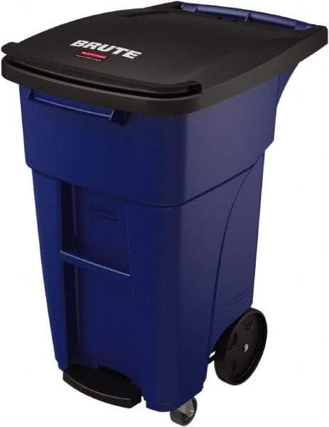 Rubbermaid - 32 Gal Blue Rectangle Trash Can - Plastic, None Graphic, 37.16" High x 20.62" Wide, Lid Included - Benchmark Tooling