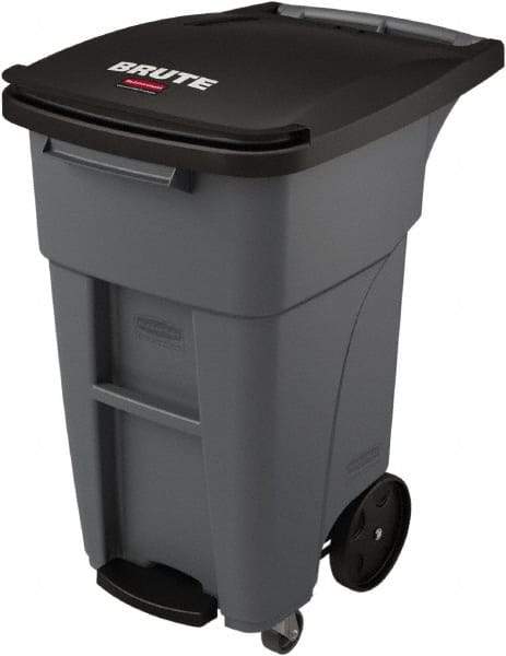 Rubbermaid - 32 Gal Gray Rectangle Trash Can - Plastic, None Graphic, 37.16" High x 20.62" Wide, Lid Included - Benchmark Tooling