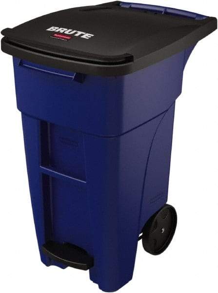 Rubbermaid - 32 Gal Blue Rectangle Trash Can - Plastic, None Graphic, 37.16" High x 20.62" Wide, Lid Included - Benchmark Tooling