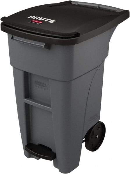 Rubbermaid - 32 Gal Gray Rectangle Trash Can - Plastic, None Graphic, 37.16" High x 20.62" Wide, Lid Included - Benchmark Tooling