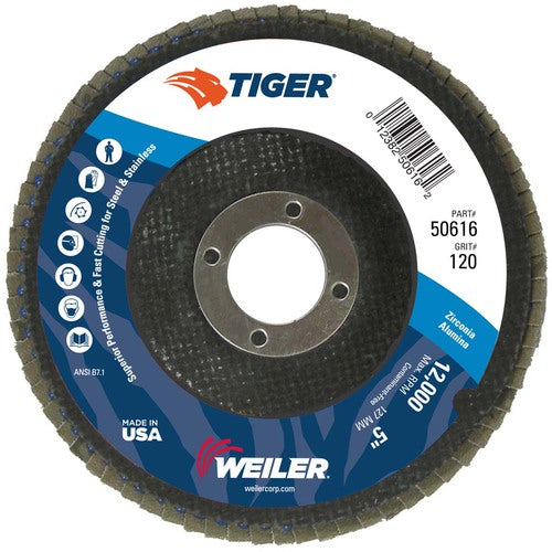 5″ Tiger Disc Abrasive Flap Disc, Angled, Phenolic Backing, 120Z, 7/8″ Arbor Hole - Benchmark Tooling