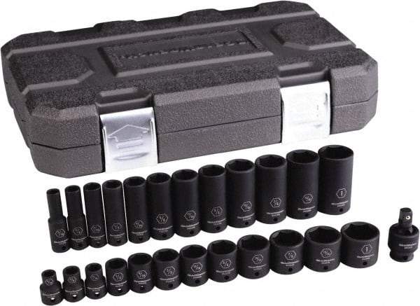 GearWrench - 25 Piece 3/8" Drive Black Finish Deep Well Impact Socket Set - 6 Points, 5/16" to 1" Range, Inch Measurement Standard - Benchmark Tooling