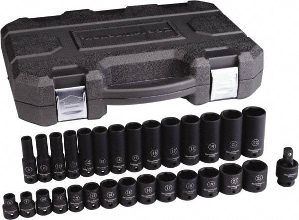 GearWrench - 29 Piece 3/8" Drive Black Finish Deep Well Impact Socket Set - 6 Points, 8mm to 22mm Range, Metric Measurement Standard - Benchmark Tooling