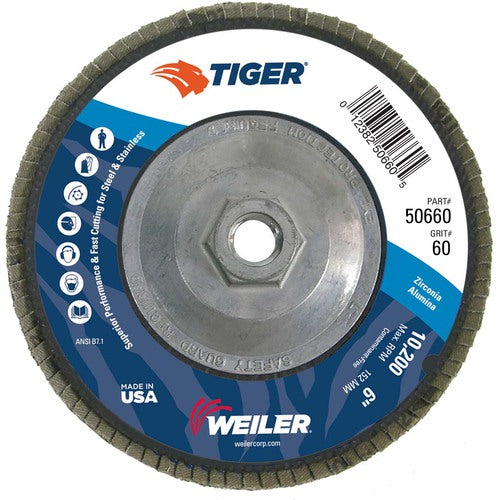 6″ Tiger Disc Abrasive Flap Disc, Angled, Phenolic Backing, 60Z, 5/8″-11 UNC Nut - Benchmark Tooling