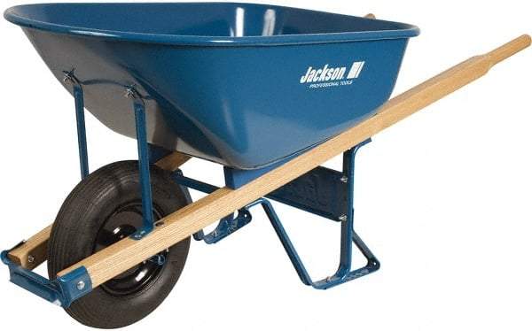 Jackson Professional Tools - 6 Cu Ft Capacity Wheelbarrow with 16" Pneumatic Wheel - Wood Handle, 58-3/4" Long x 25-1/2" Wide x 27" High, Blue - Benchmark Tooling