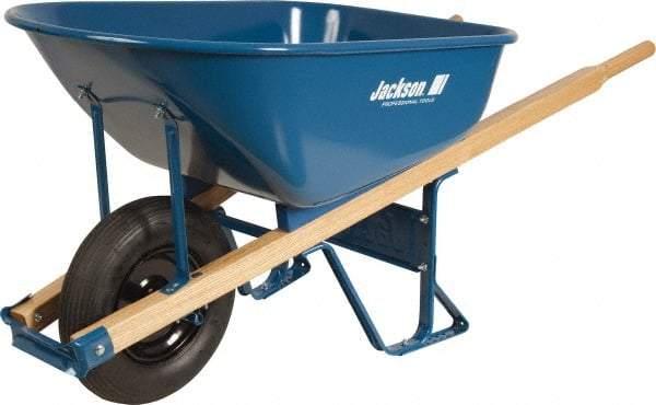 Jackson Professional Tools - 6 Cu Ft Capacity Wheelbarrow with 15" Flat Free Wheel - Wood Handle, 58-3/4" Long x 25-1/2" Wide x 27" High, Blue - Benchmark Tooling