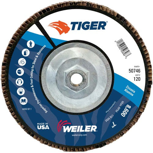 7″ Tiger Disc Abrasive Flap Disc, Flat, Phenolic Backing, 120Z, 5/8″-11 UNC Nut - Benchmark Tooling