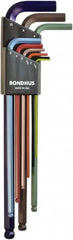 Bondhus - 9 Piece L-Key Ball End Hex Key Set - Hex Range 1.5 to 10mm, 8.4" OAL - Benchmark Tooling