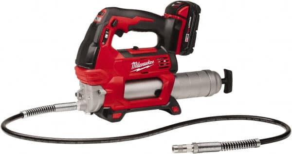 Milwaukee Tool - 10,000 Max psi, Flexible Battery-Operated Grease Gun - 14 oz Capacity, 31 Strokes per oz, Includes Grease Gun, Gauge Hose Assembly, Coupler, 18 V Rechargeable Battery, 30-Minute Charger, Carrying Case & Carrying Strip - Benchmark Tooling