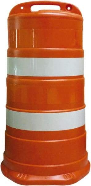 PRO-SAFE - 41.27" High x 23" Wide Reflective Round Barrel - Plastic, 12.4 Lbs, White/Orange - Benchmark Tooling