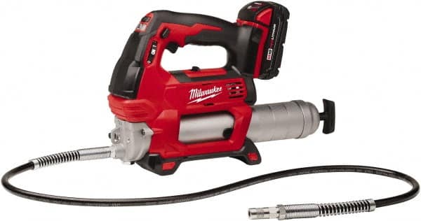 Milwaukee Tool - 10,000 Max psi, Flexible Battery-Operated Grease Gun - 14 oz Capacity, 31 Strokes per oz, Includes Grease Gun, Gauge Hose Assembly, Coupler, 30-Minute Charger, Carrying Case, Carrying Strip & (2)18 V Rechargeable Batteries - Benchmark Tooling