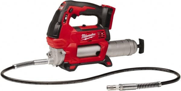 Milwaukee Tool - 10,000 Max psi, Flexible Battery-Operated Grease Gun - 14 oz Capacity, 31 Strokes per oz, Includes Grease Gun, Gauge Hose Assembly & Coupler - Benchmark Tooling