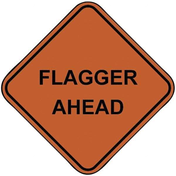 PRO-SAFE - "Flagger Ahead", 48" Wide x 48" High, Nylon Construction Roadway Signs - Orange, Square, Sign Stand Mount - Benchmark Tooling