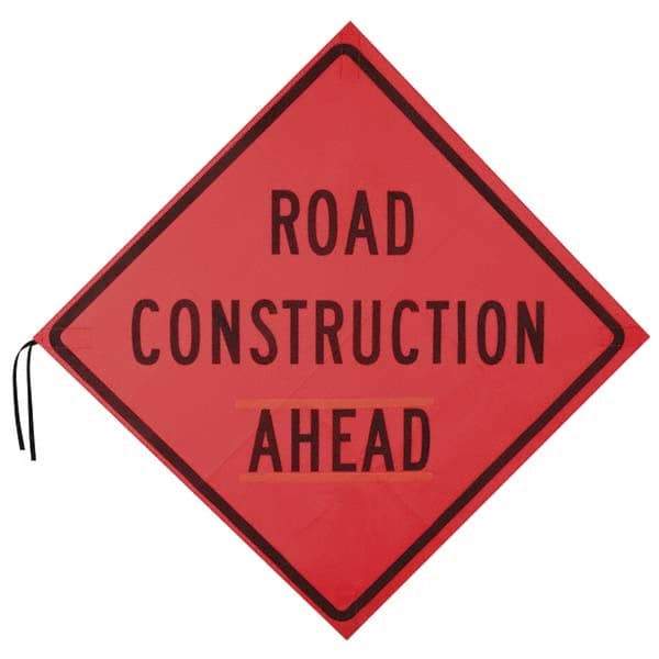 PRO-SAFE - "Road Construction Ahead", 48" Wide x 48" High, Nylon Construction Roadway Signs - Orange, Square, Sign Stand Mount - Benchmark Tooling