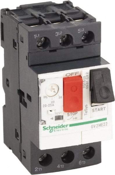 Schneider Electric - 25 Amp, 690 VAC at 50/60 Hz, 3 Pole, Bolt On, Clip Motor Circuit Breaker - Thermal Magnetic Trip, Multiple Breaking Capacity Ratings, 78mm Deep x 89mm High x 45mm Wide - Benchmark Tooling