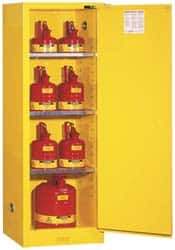 Justrite - 1 Door, 3 Shelf, Yellow Steel Space Saver Safety Cabinet for Flammable and Combustible Liquids - 65" High x 23-1/4" Wide x 18" Deep, Self Closing Door, 22 Gal Capacity - Benchmark Tooling