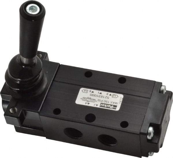 Parker - 0.83 CV Rate, 1/4" NPT Inlet Direct Air 4 Mechanical Spool Valve - 4 Way, 3 Position CC, 150 Max psi, Lever Manual Return - Benchmark Tooling