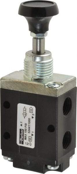 Parker - 0.83 CV Rate, 1/4" NPT Inlet Direct Air 4 Mechanical Spool Valve - 3 Way, 2 Position NC, 150 Max psi, Button Spring Return - Benchmark Tooling