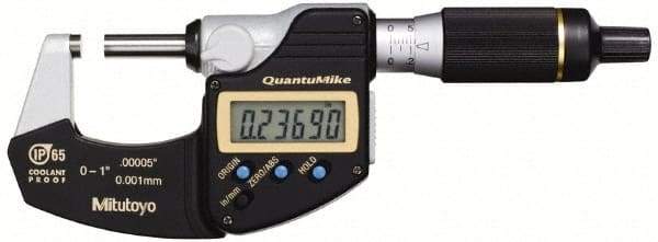 Mitutoyo - 0.001 mm Resolution, Standard Throat, Electronic Outside Micrometer - Includes Stand - Benchmark Tooling