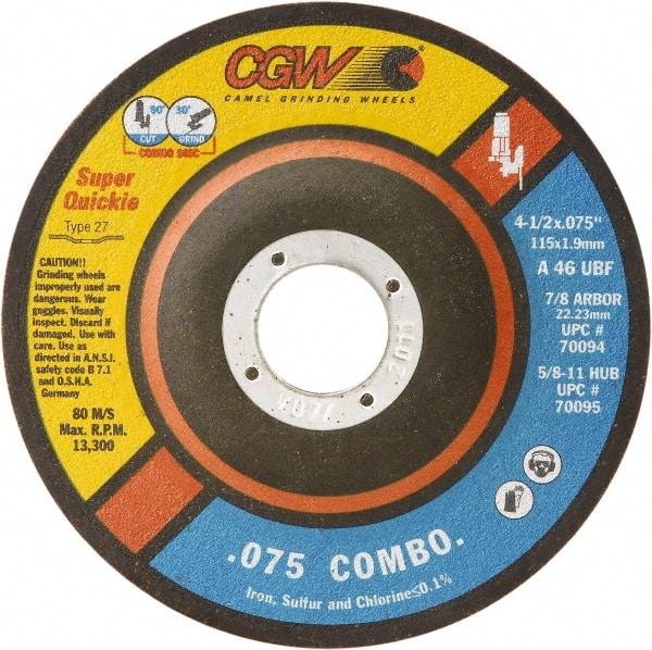 Camel Grinding Wheels - 46 Grit, 5" Wheel Diam, 5/64" Wheel Thickness, 7/8" Arbor Hole, Type 27 Depressed Center Wheel - Medium Grade, Aluminum Oxide, Resinoid Bond, U Hardness, 12,250 Max RPM - Benchmark Tooling