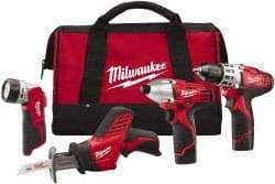 Milwaukee Tool - 12 Volt Cordless Tool Combination Kit - Includes 3/8" Drill/Driver, Reciprocating Saw, 1/4" Hex Impact Driver & Work Light, Lithium-Ion Battery Not Included - Benchmark Tooling