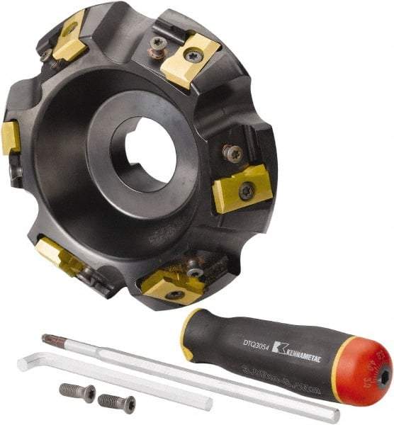 Kennametal - 5" Cut Diam, 1-1/2" Arbor Hole, 21.41mm Max Depth of Cut, 30° Indexable Chamfer & Angle Face Mill - 6 Inserts, LN.U 2210... Insert, Right Hand Cut, 6 Flutes, Series MEGA60 - Benchmark Tooling