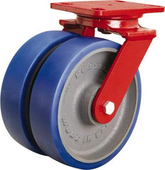 Hamilton - 8" Diam x 2" Wide x 9-3/4" OAH Top Plate Mount Swivel Caster - Polyurethane Mold onto Cast Iron Center, 2,400 Lb Capacity, Sealed Precision Ball Bearing, 4-1/2 x 6-1/2" Plate - Benchmark Tooling