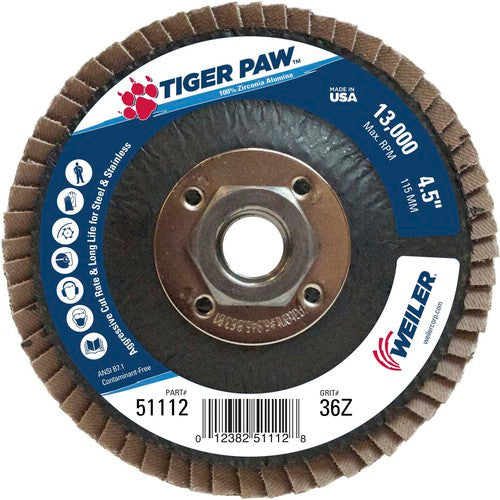 4 1/2″ × 5/8″-11-36 Grit - T27 Tiger Paw Zirc Flap Disc Phenolic Back - Benchmark Tooling