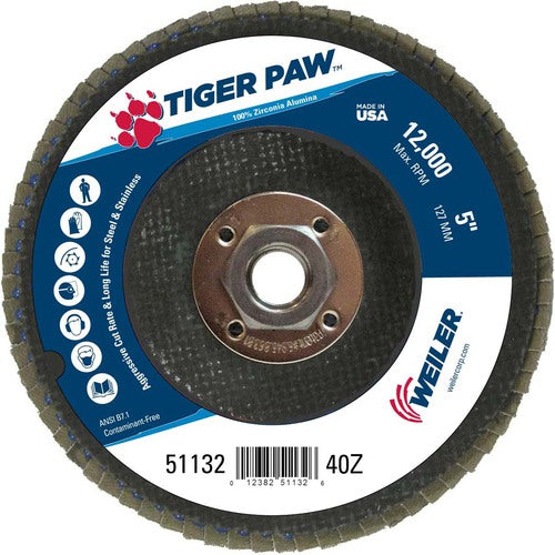 5″ Tiger Paw Abrasive Flap Disc, Flat, Phenolic Backing, 40Z, 5/8″-11 Arbor Hole - Benchmark Tooling