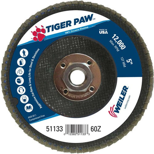 5″ Tiger Paw Abrasive Flap Disc, Flat, Phenolic Backing, 60Z, 5/8″-11 Arbor Hole - Benchmark Tooling