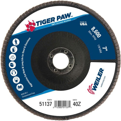 7″ Tiger Paw Abrasive Flap Disc, Flat, Phenolic Backing, 40Z, 7/8″ Arbor Hole - Benchmark Tooling